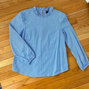 J. Crew Ruffle Neck Blue and White Striped Top